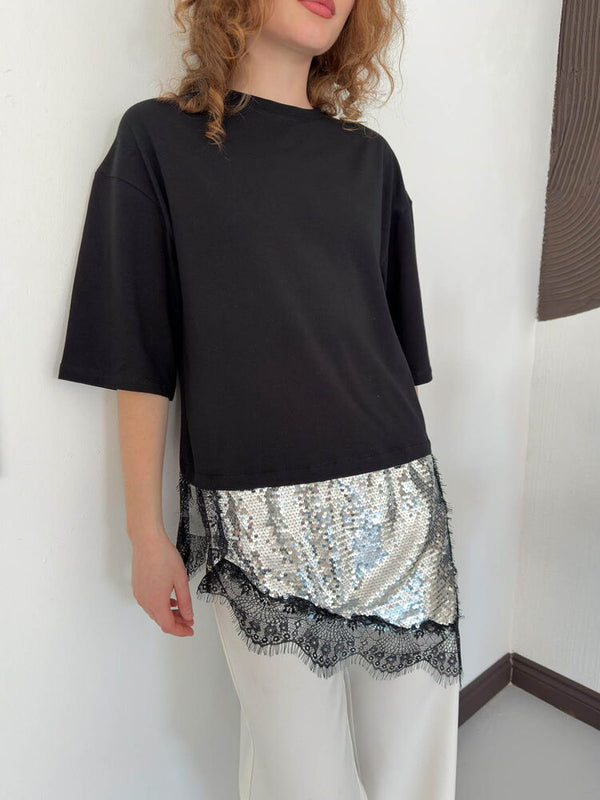 D 3064 PULLU DANTELLİ TİŞÖRT - SİYAH