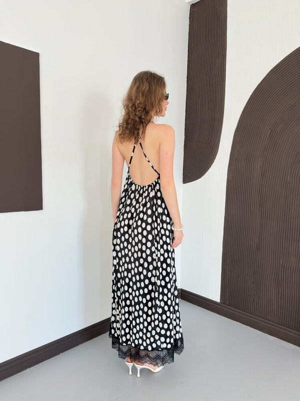 Rochie plisată cu buline și detalii din dantelă D 3069 - Negru