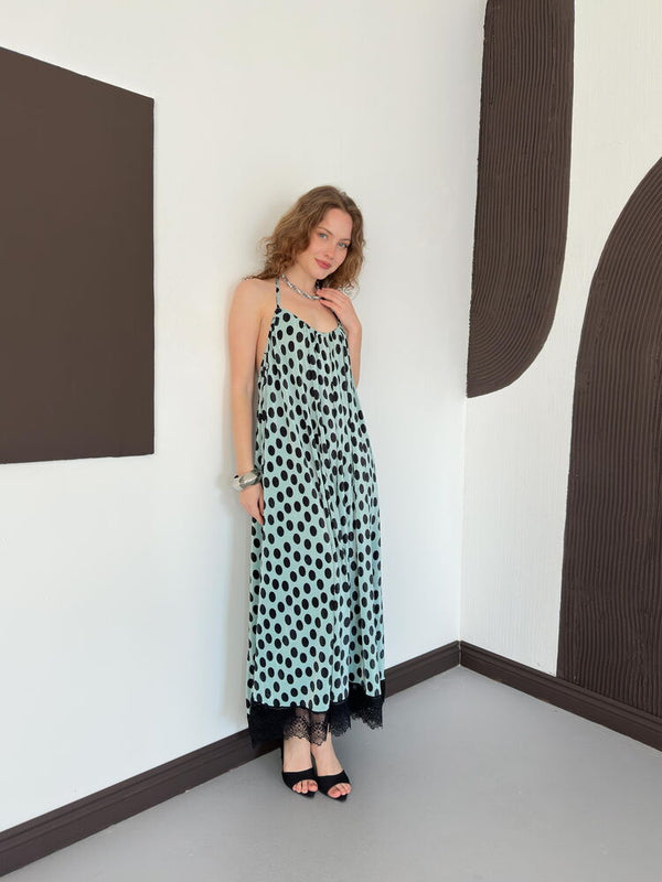 Rochie plisată cu buline și detalii de dantelă D 3069 - Mentă