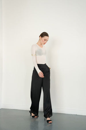 Pantaloni din satin cu tiv din dantelă, en-gros - Negri | D2969 - Topshow