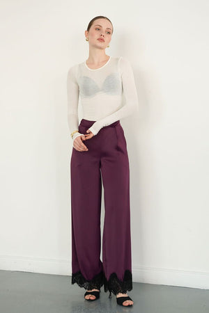 Pantaloni din satin cu tiv din dantelă, en-gros - Cafea | D2969 - Topshow