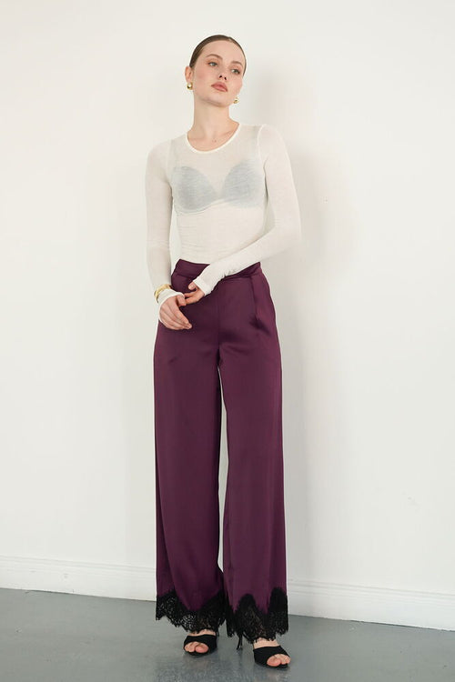 Pantaloni din satin cu tiv din dantelă, en-gros - Cafea | D2969 - Topshow