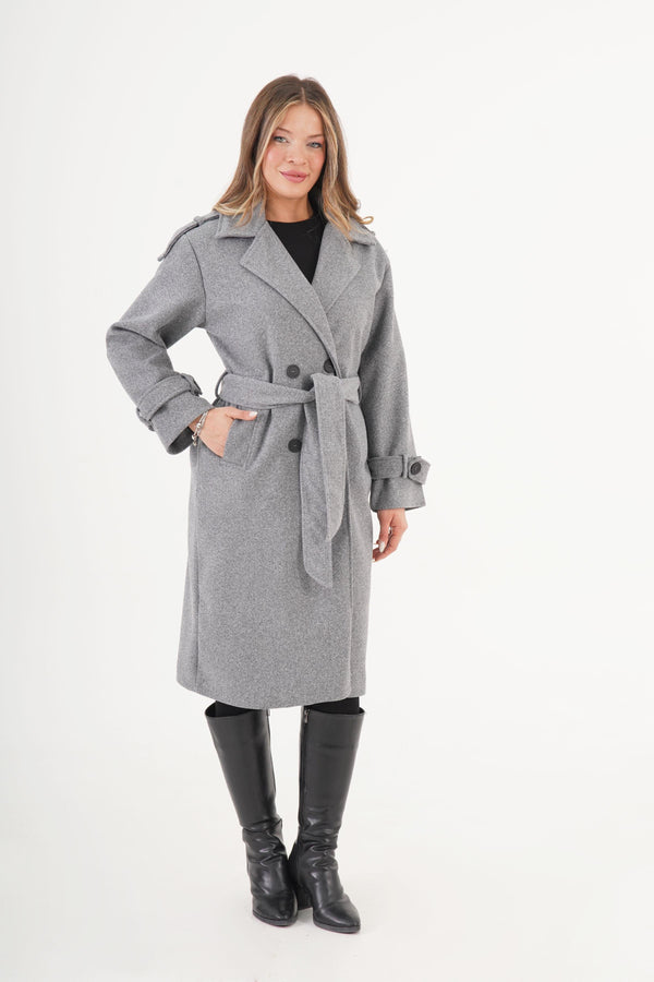 Apolet Detaylı Kuşaklı Toptan Antrasit Kaşe Kaban