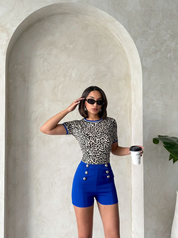 Bisiklet Yaka T-Shirt Leopar Saks | Topshow