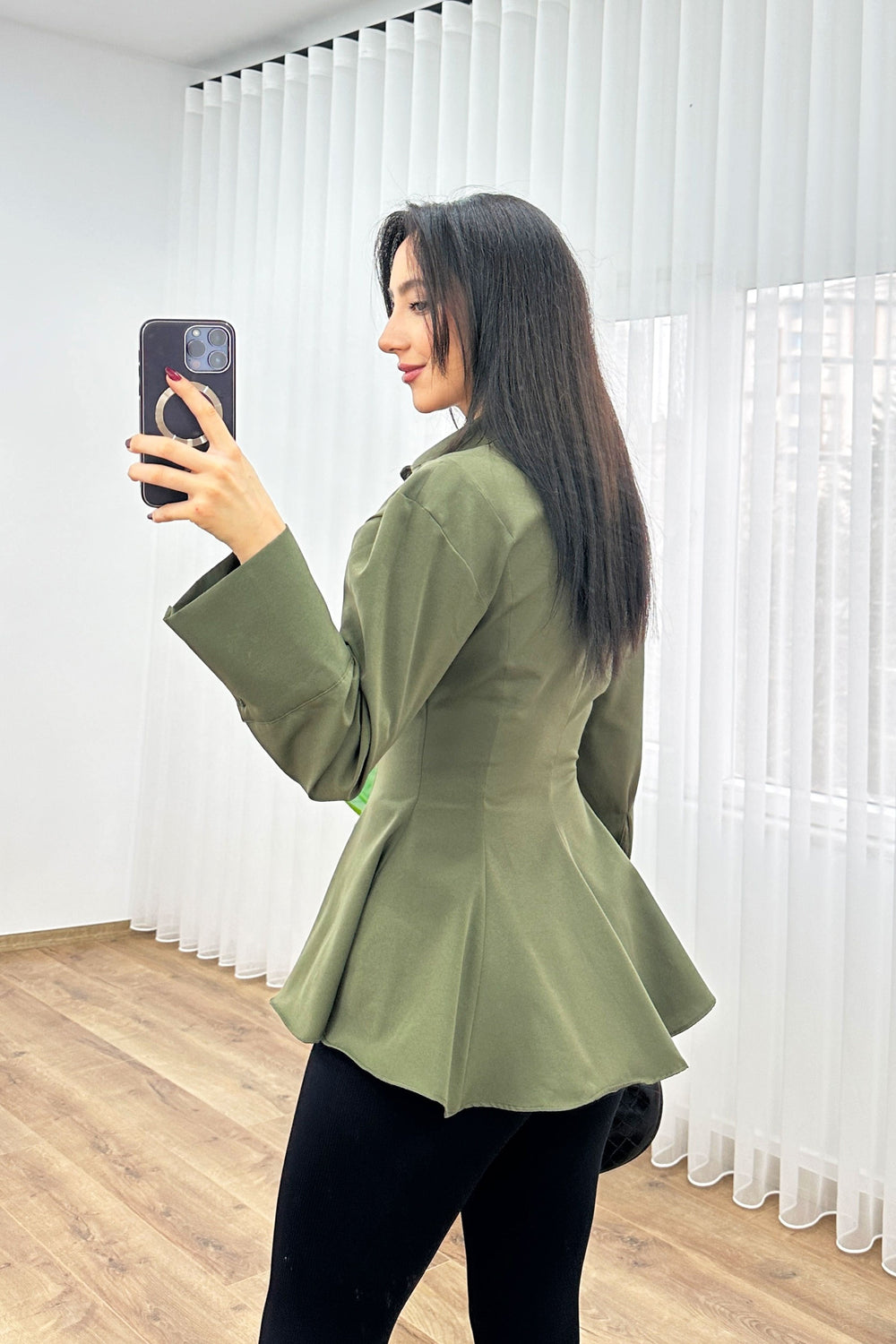 Peplum Bel Oturtmalı Poplin Haki Toptan Gömlek Haki S