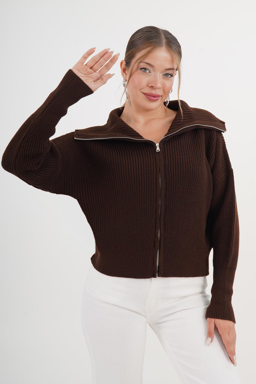 Fermuarlı Yaka Kahve Toptan Triko Hırka Kahverengi STD