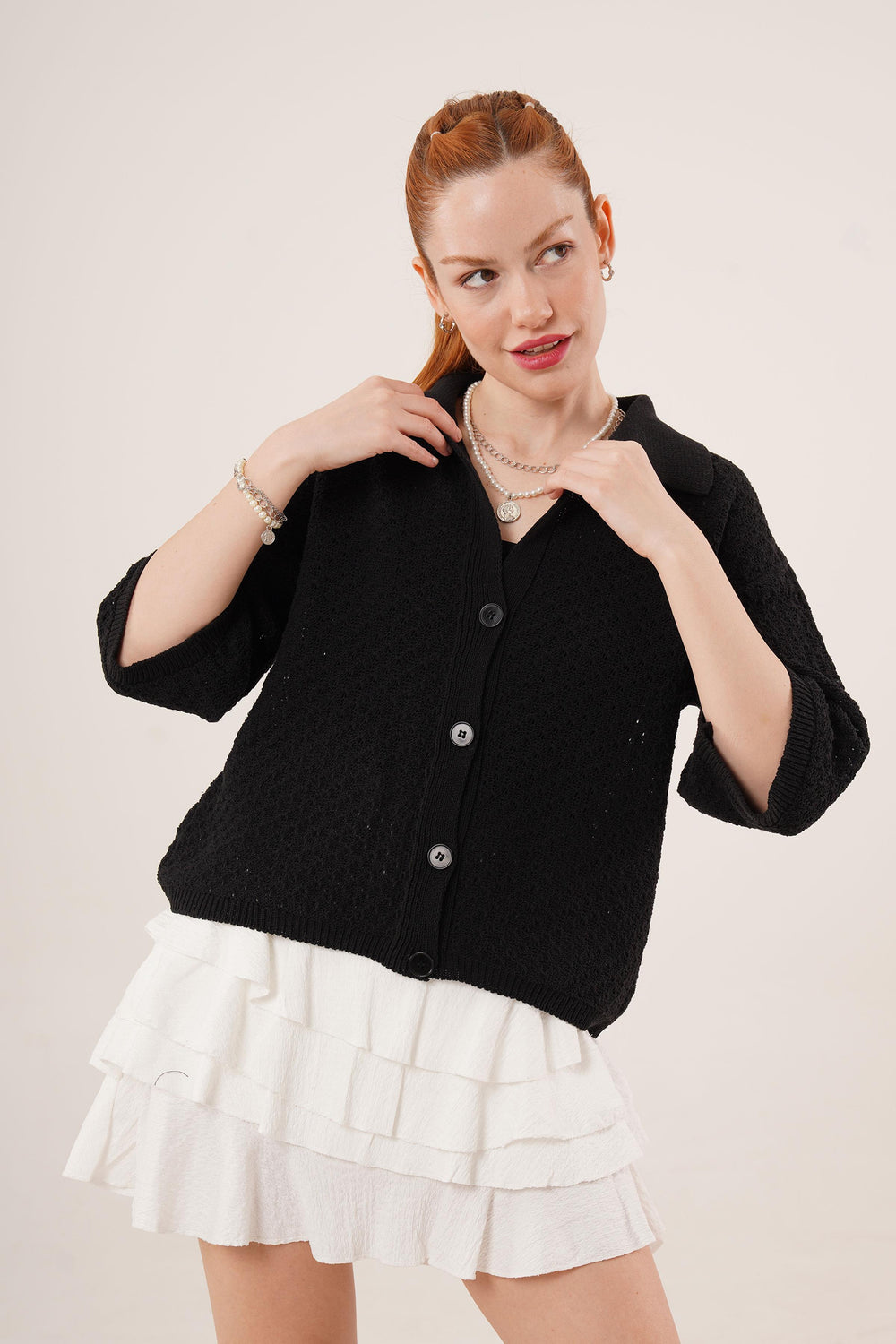 Düğmeli Yarım Kol Düşük Omuz Toptan Siyah Hırka Siyah STD