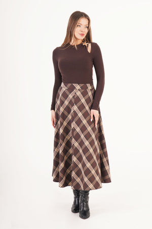 Kareli Yüksek Bel Trend Kahve Toptan Etek