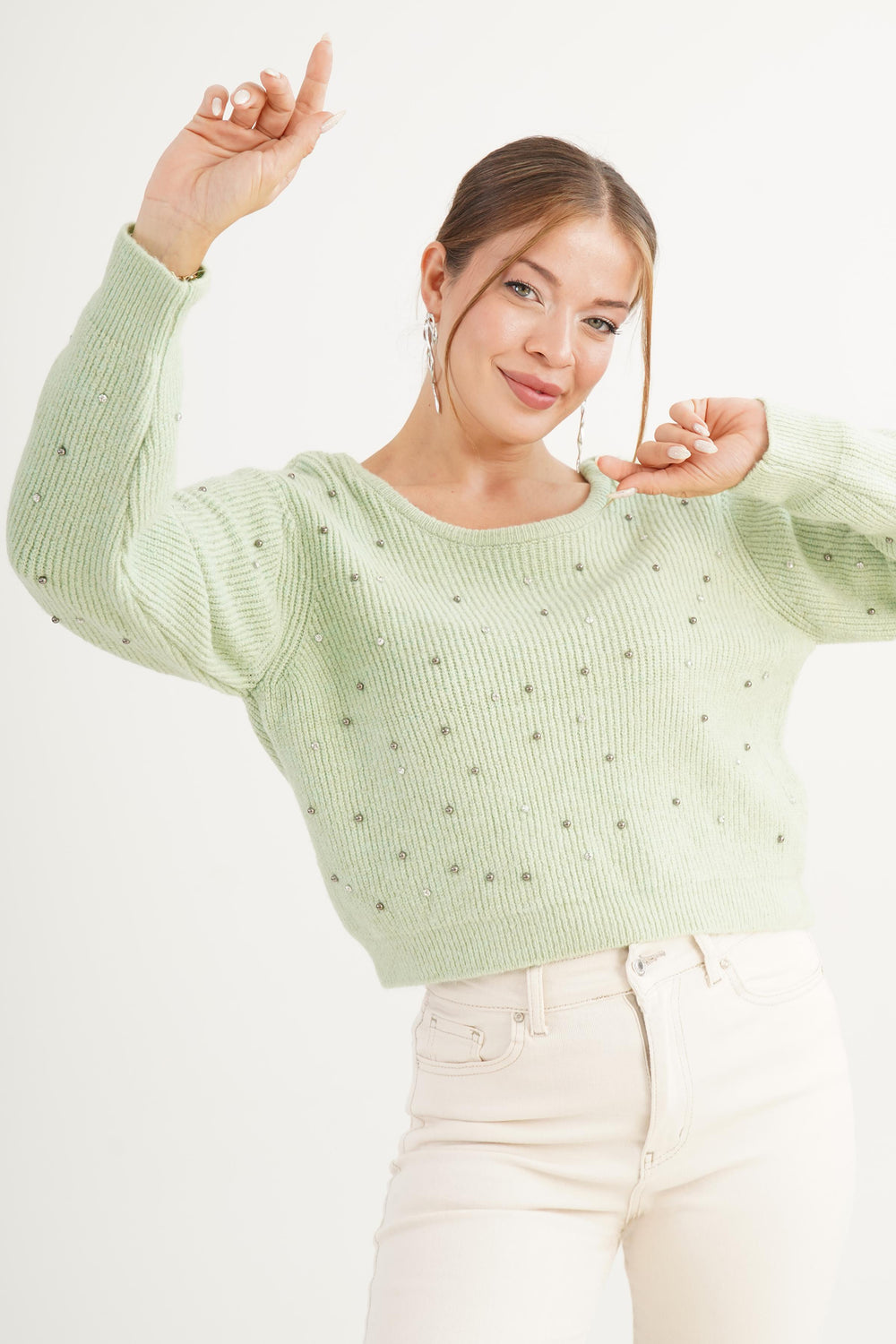 Sırt Dekolteli Yeşil İşlemeli Pembe Toptan Kazak Yeşil STD