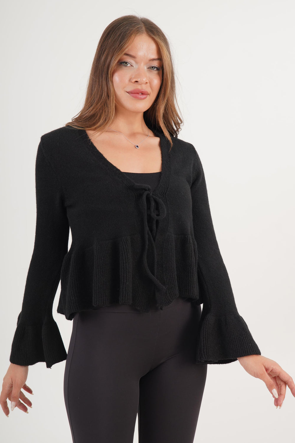 Ön Bağlamalı Volan Detay Siyah Toptan Hırka Siyah STD