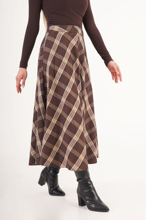 Kareli Yüksek Bel Trend Kahve Toptan Etek