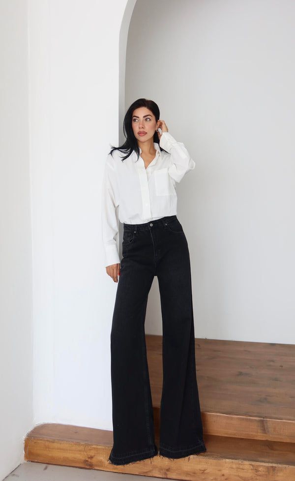 Yüksek Bel Extra Bol Paça Black Black Jean Panolon
