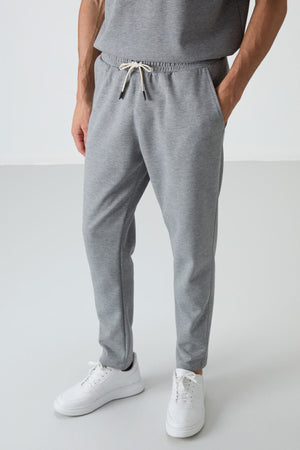 Gri Melanj Pamuklu Kalın Yumuşak Dokulu Oversize Fit Basic Erkek Eşofman Takım - 85251