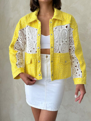 Dantel Detatlı Kot Ceket - Sarı