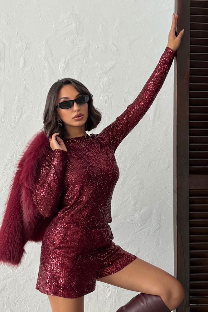 Topshow Işıltılı Pul İşlemeli Uzun Kollu Toptan Kadın Bluz- BORDO | F1866