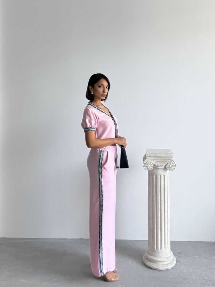 Kot Şeritli Toptan Pantolon  Pembe