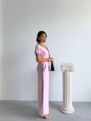 Kot Şeritli Toptan Pantolon  Pembe