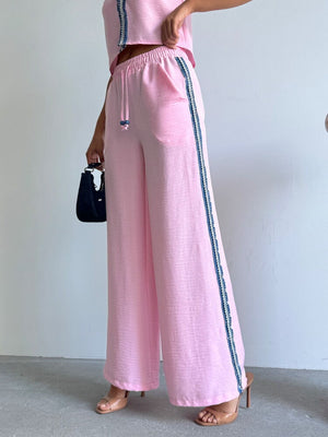 Kot Şeritli Toptan Pantolon  Pembe