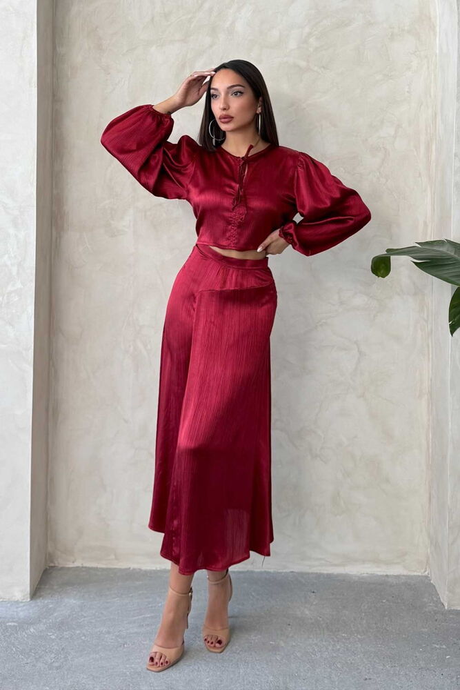 Kraşlı Saten Toptan Etek - Bordo
