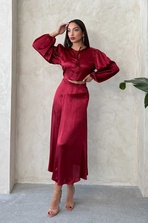 Kraşlı Saten Toptan Etek - Bordo