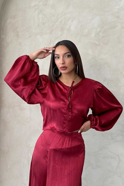 Kraşlı Saten Önden Bağlamalı Toptan Bluz - Bordo