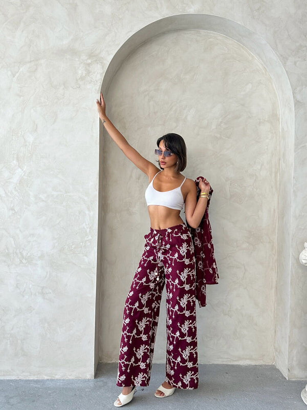 Süzüne Nakışlı Pantolon - Bordo