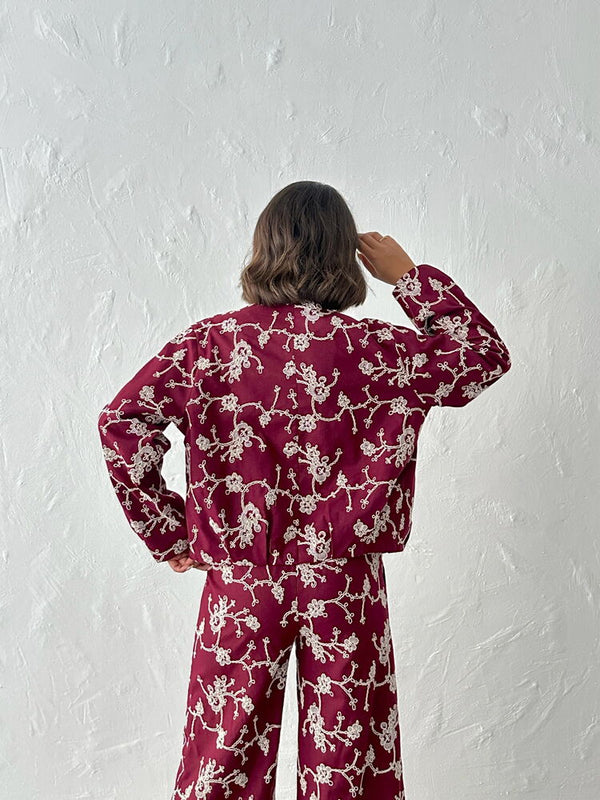 Çiçek Nakışlı Fermuarlı Ceket - Bordo