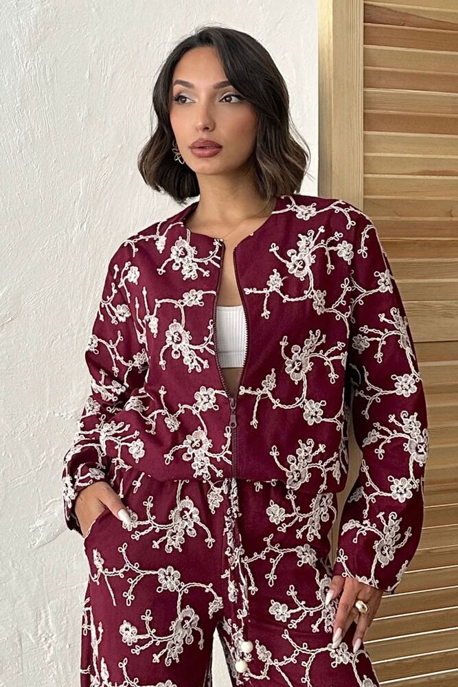 Çiçek Nakışlı Fermuarlı Ceket - Bordo