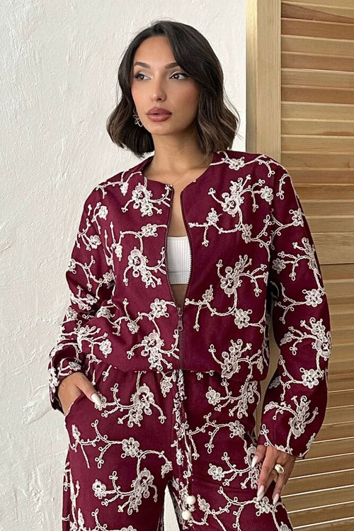 Çiçek Nakışlı Fermuarlı Ceket - Bordo