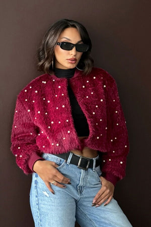 Topshow - Toptan Suni Kürk Bomber Ceket - İnci Detaylı - Bordo