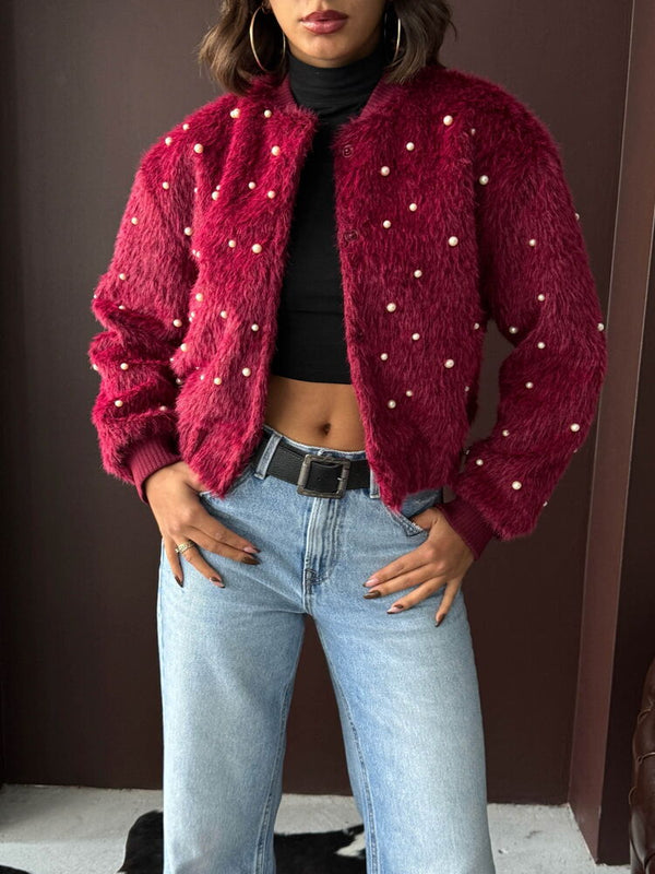 Topshow - Toptan Suni Kürk Bomber Ceket - İnci Detaylı - Bordo