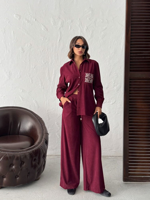 Topshow - Toptan Fitilli Kadife Pantolon - Bordo