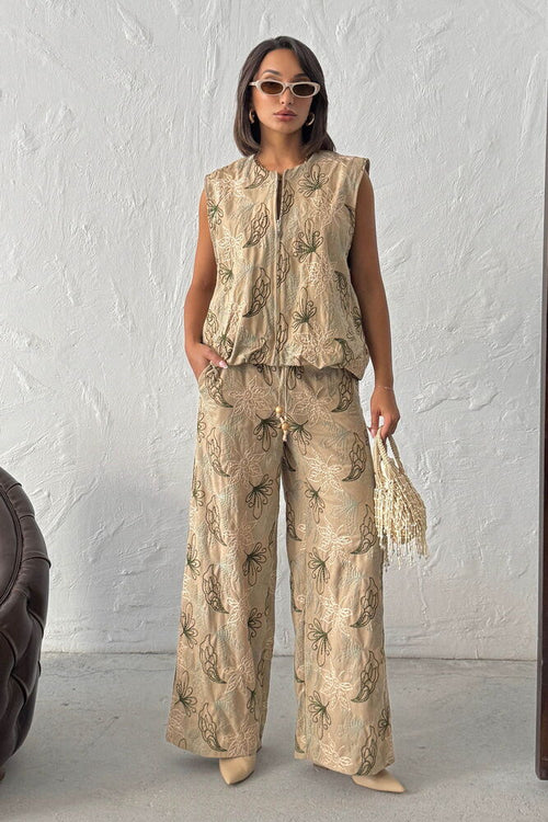Topshow Nakışlı Keten Pantolon - Kahve | F2008