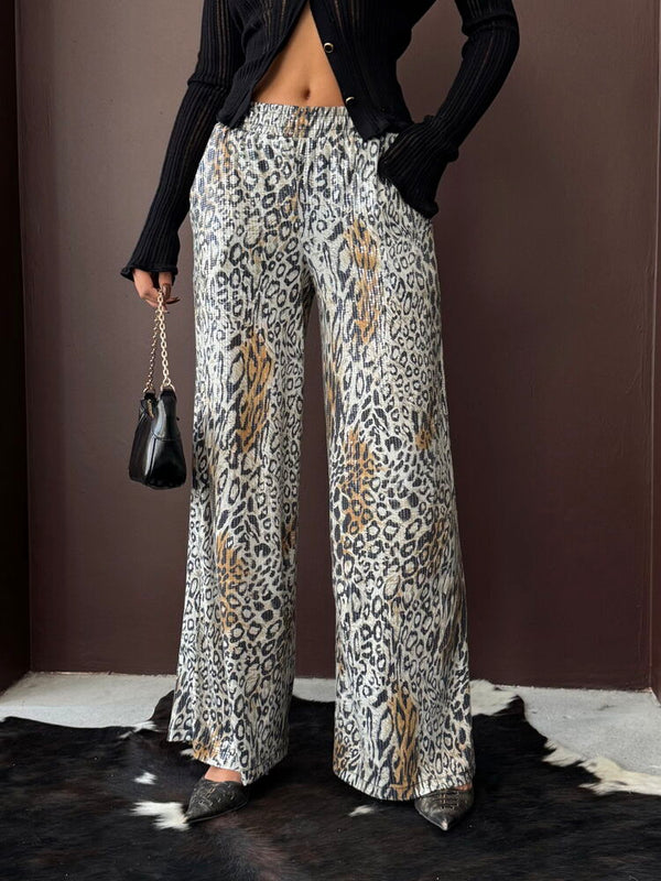 Topshow - Toptan Trend Leopar Desenli Bol Paça Pantolon - Günlük Ve Gece - Açık Leopar