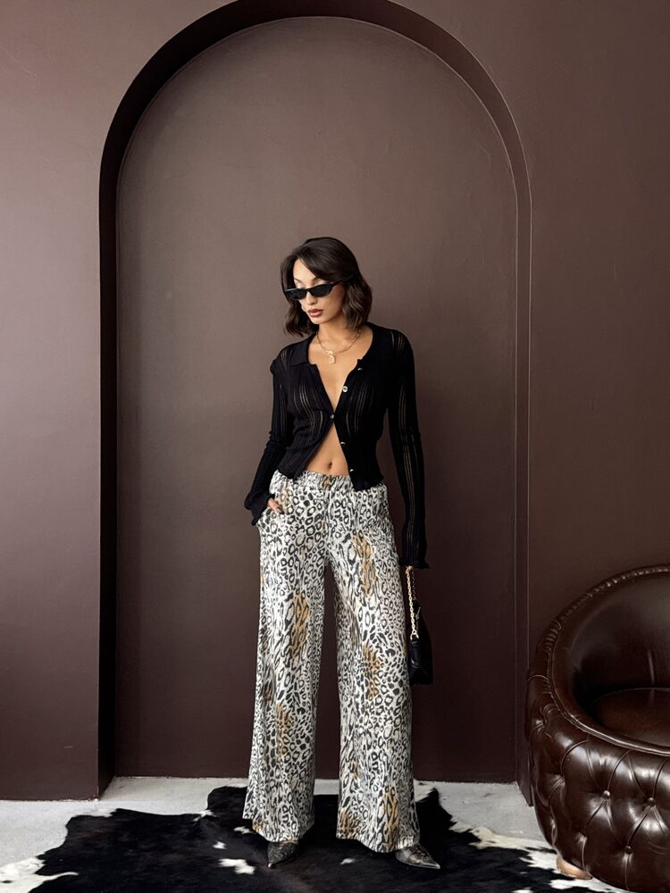 Topshow - Toptan Trend Leopar Desenli Bol Paça Pantolon - Günlük Ve Gece - Açık Leopar