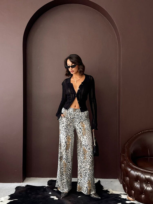 Topshow - Toptan Trend Leopar Desenli Bol Paça Pantolon - Günlük Ve Gece - Açık Leopar
