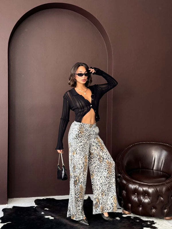 Topshow - Toptan Trend Leopar Desenli Bol Paça Pantolon - Günlük Ve Gece - Açık Leopar