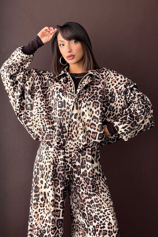 Topshow Leopar Baskılı Saten Toptan Mont - Leopar | F2032