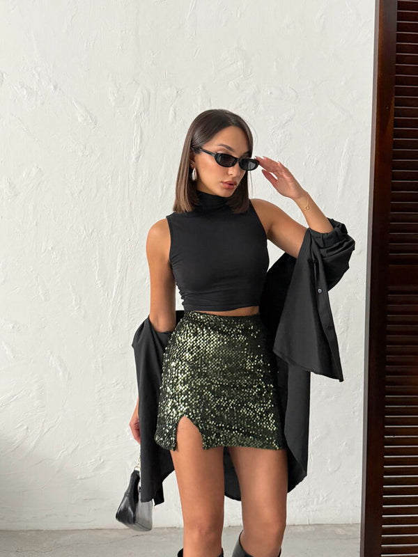 Topshow Pullu Kadife Payet Mini Etek - Haki | F2054