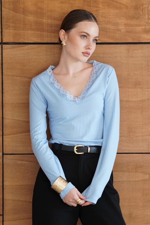 Yakası Dantel Detaylı Sweatshırt - Mavi | F2088 - Topshow