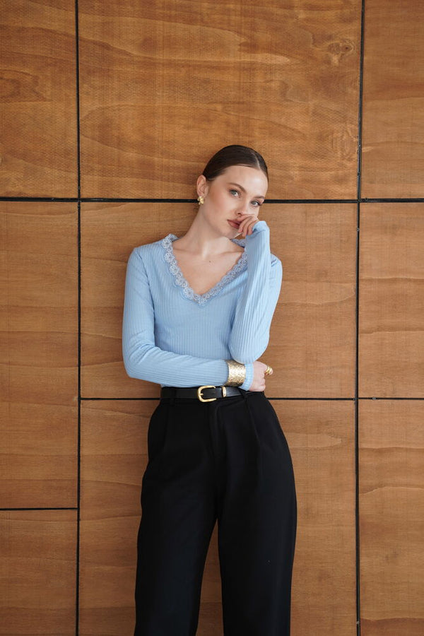 Yakası Dantel Detaylı Sweatshırt - Mavi | F2088 - Topshow