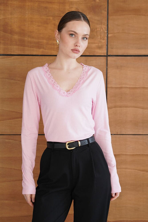 Yakası Dantel Detaylı Sweatshırt - Pembe | F2088 - Topshow