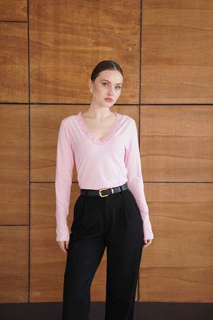 Yakası Dantel Detaylı Sweatshırt - Pembe | F2088 - Topshow