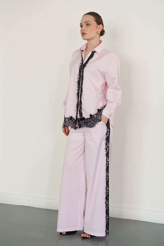 Dantel Detaylı Çizgili Toptan Pantolon - Pembe | F2083 - Topshow