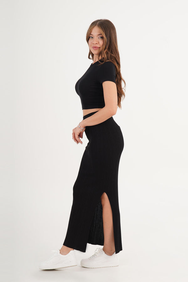 Yan Yırtmaçlı Trend Toptan Siyah Triko Etek