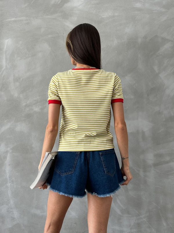 Topshow Fıstık Kırmızı Nakışlı Çizgili Toptan Tişört