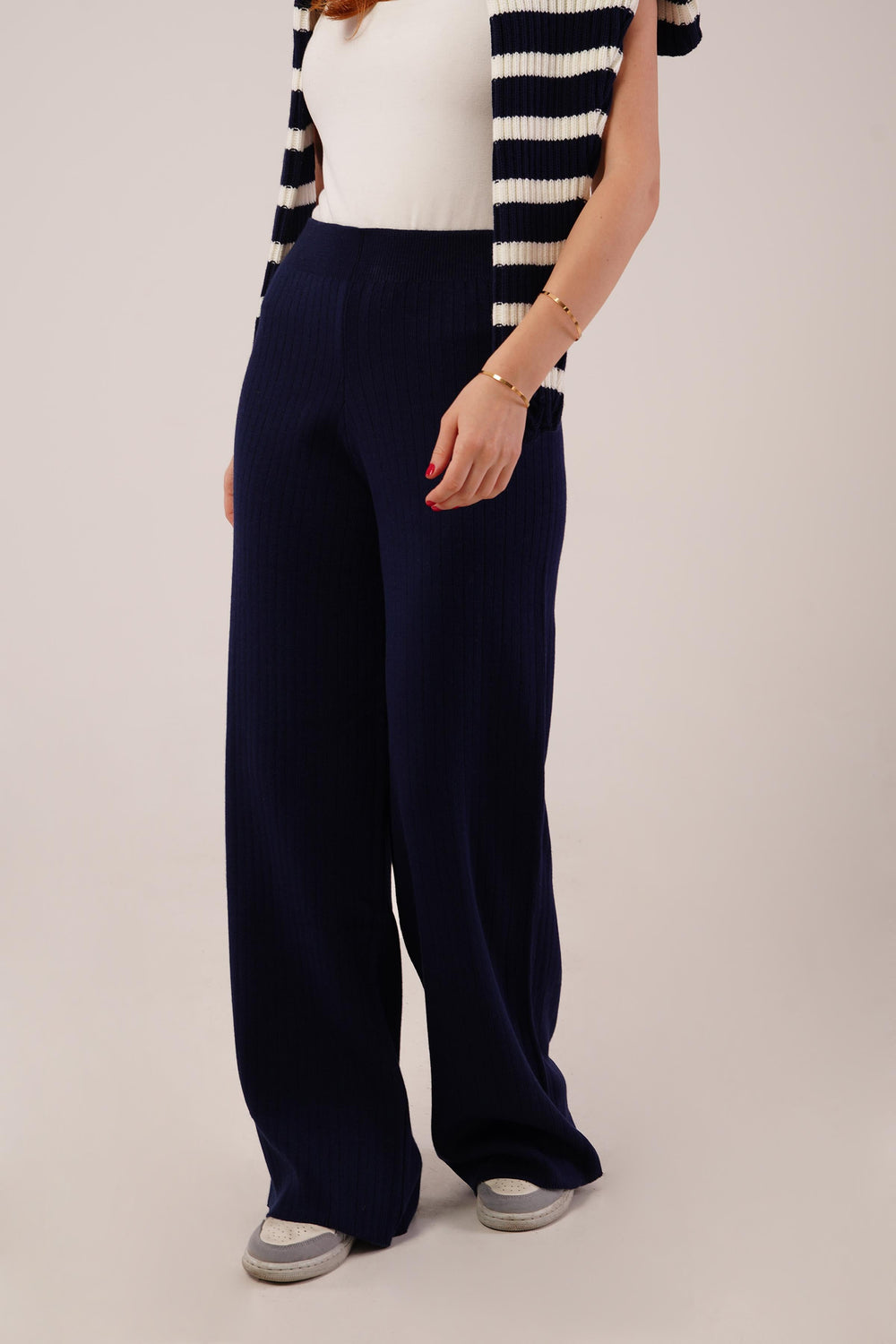 Fitilli Bel Lastikli Bol Paça Lacivert Toptan Triko Pantolon Lacivert STD