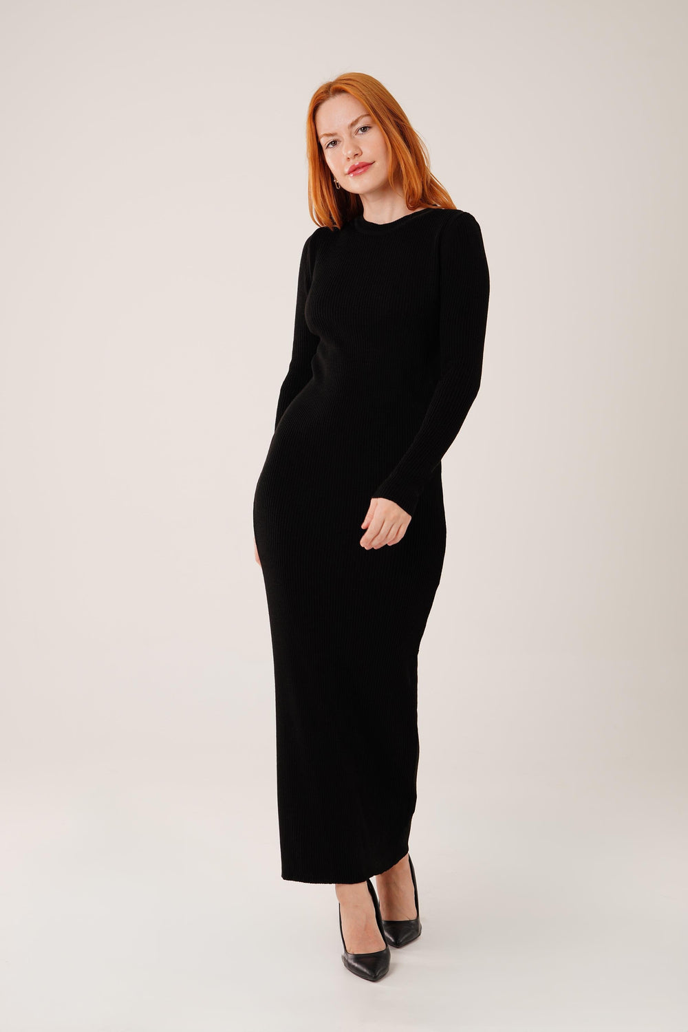 Fitilli Uzun Toptan Siyah Triko Elbise Siyah STD