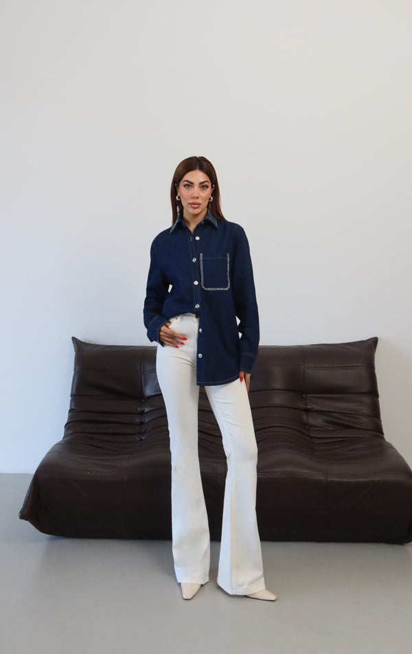 Kadın Yaka Cep Taş Detaylı Rinse Denim Gömlek