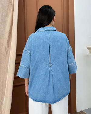 Yarım Kol Arka Köprü Detayı Light Blue Denim Gömlek